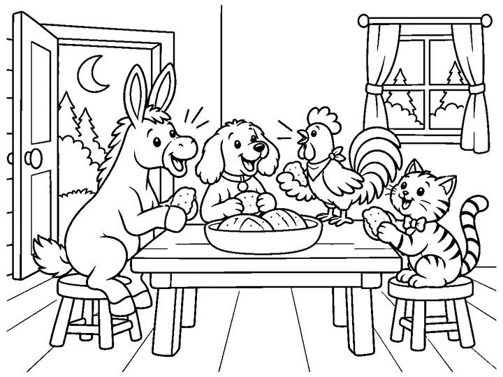 Inside the cottage, Dapple, Bram, Mew, and Sunny eat the supper left on one broad table and settle safely together., printable black-and-white coloring page