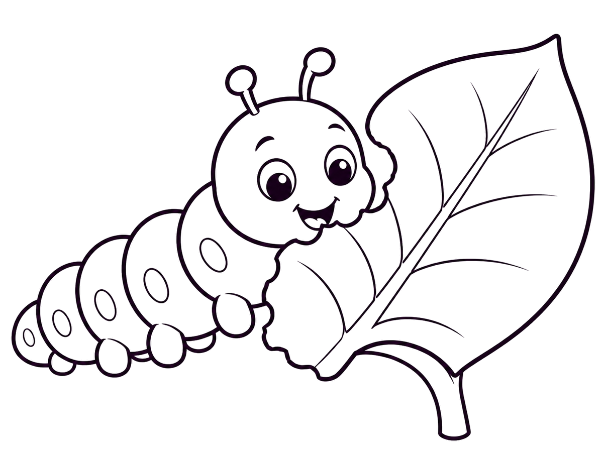 A friendly caterpillar eats a large leaf in a printable butterfly life cycle coloring page.