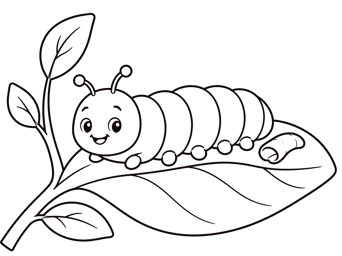 A large caterpillar rests beside its empty shed skin on a leaf in an egg-to-butterfly coloring story.