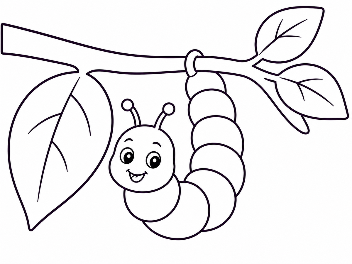 A caterpillar hangs in a J shape from a leafy twig in a printable butterfly life cycle coloring page.