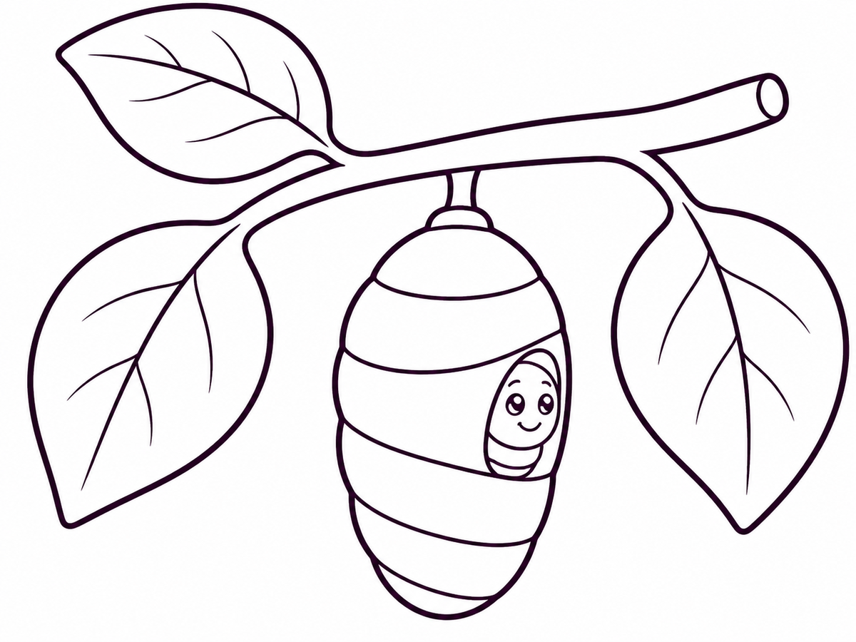 A friendly chrysalis hangs from a leafy twig in a printable butterfly life cycle coloring page.