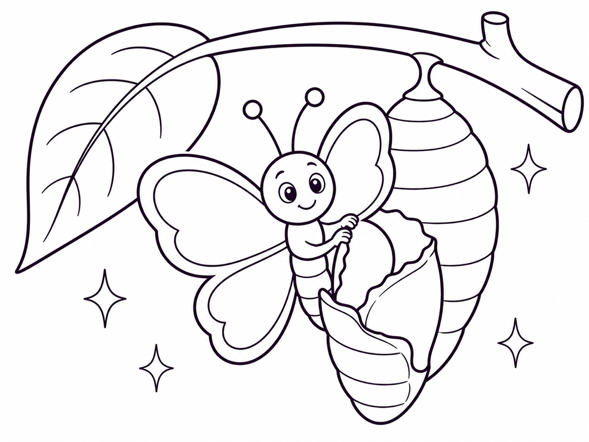 A cute butterfly emerges from a chrysalis on a leaf in a printable coloring page.
