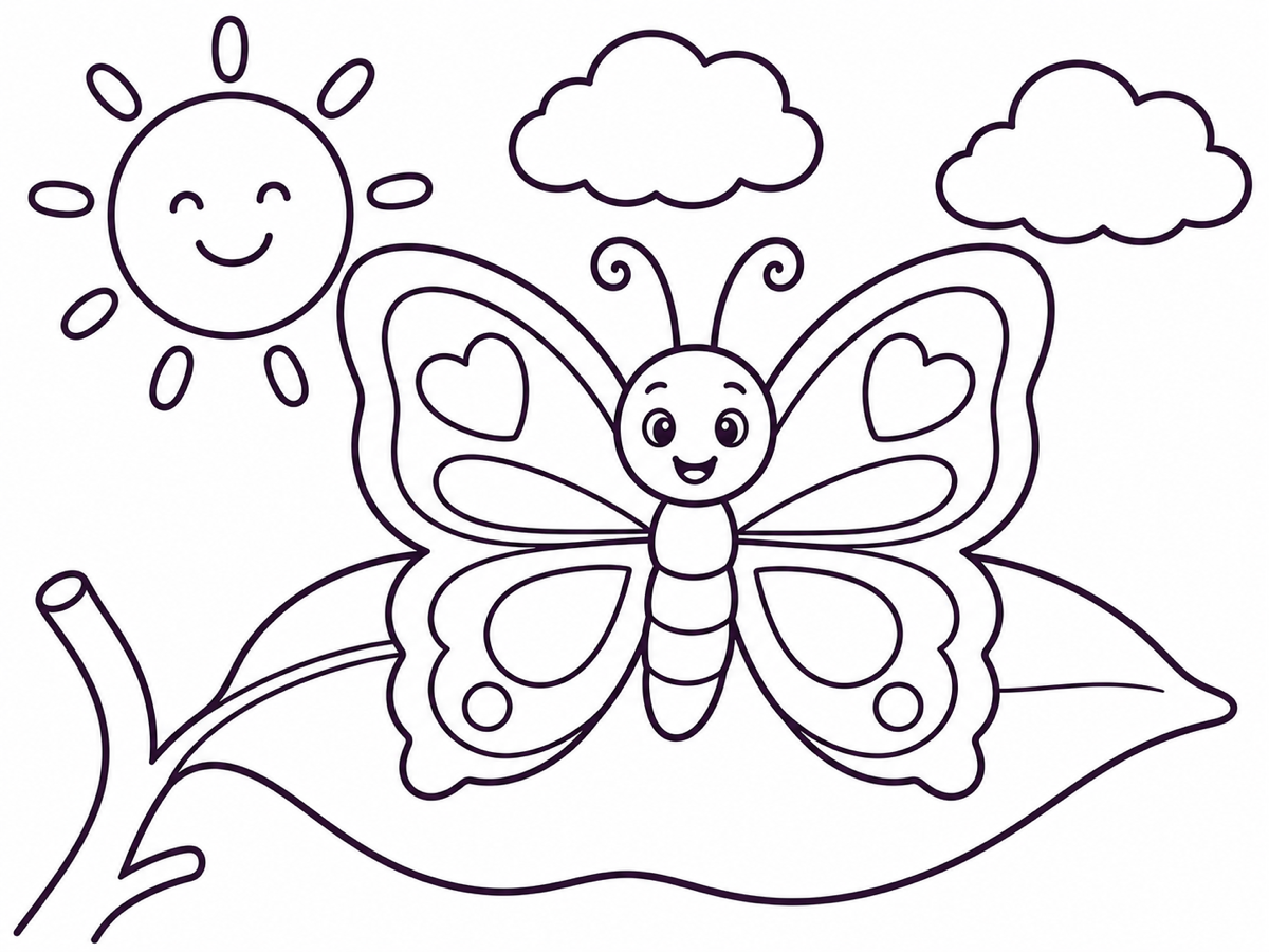 A butterfly rests on a leaf with open wings drying in the sun in a printable coloring page.