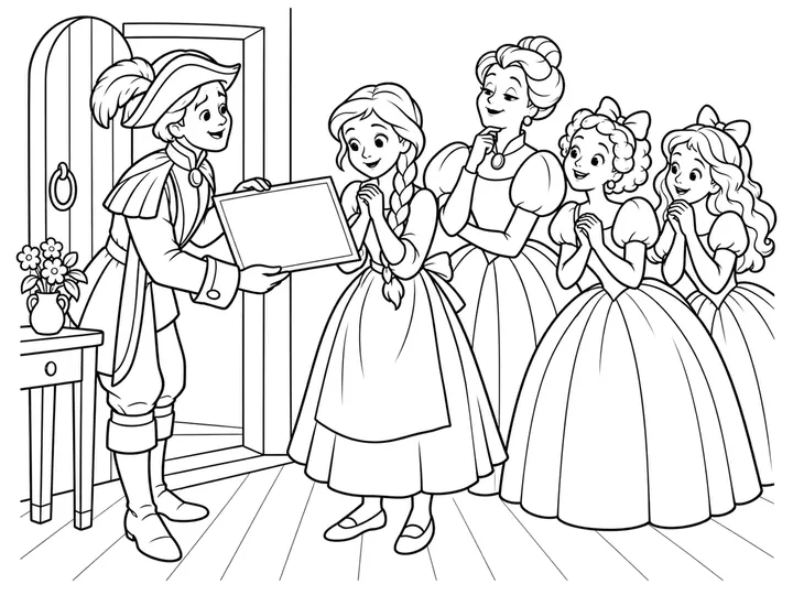 A messenger offering one large royal ball invitation at the cottage door while Cinderella and her stepfamily look on, printable black-and-white coloring page