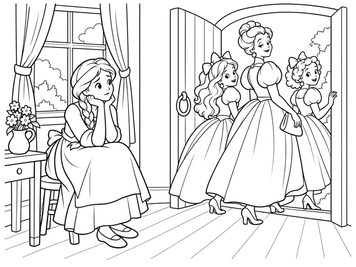 Cinderella sitting by the cottage window wishing to go as her stepmother and stepsisters leave through the broad door for the royal ball, printable black-and-white coloring page