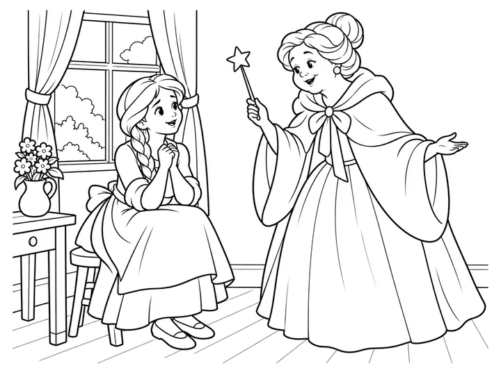 A kind fairy godmother appearing beside Cinderella at the cottage with a star-tipped wand and a gentle promise to help, printable black-and-white coloring page