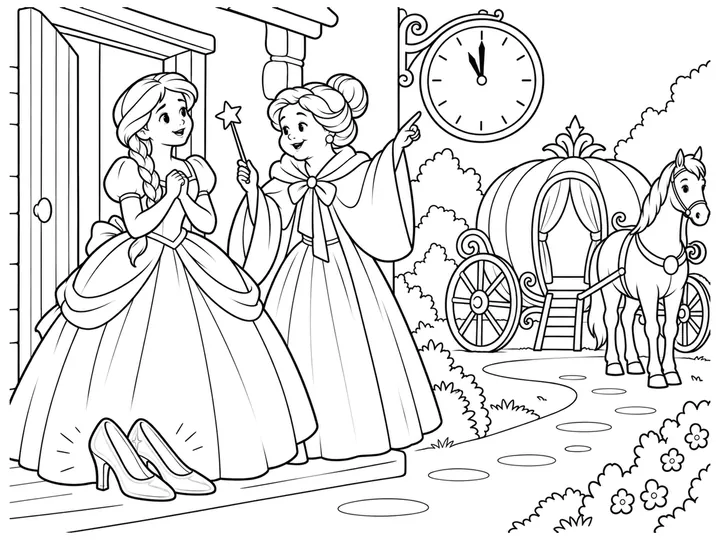 Cinderella in a simple ball gown beside one pumpkin coach with a gentle white horse, glass slippers at her feet, and a large clock near midnight while the fairy godmother warns her, printable black-and-white coloring page