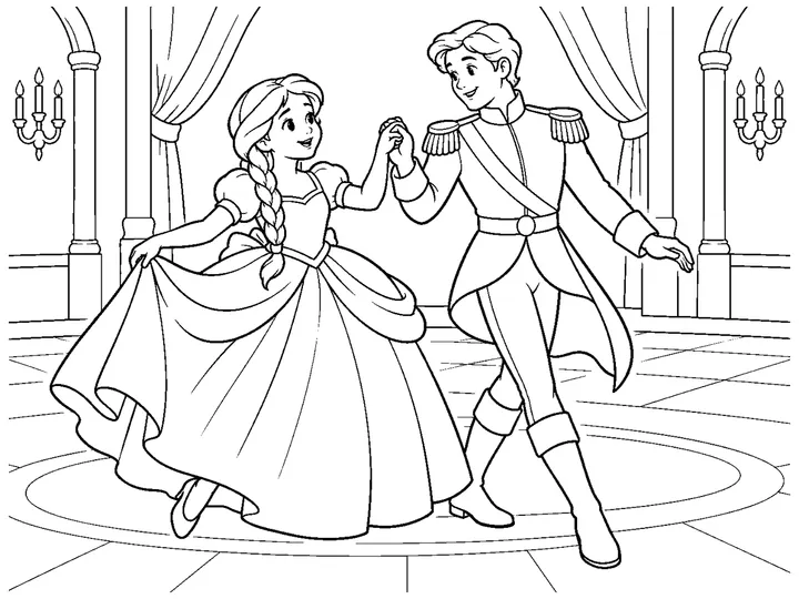 Cinderella and a friendly prince dancing together at a simple royal ball beneath a broad chandelier, printable black-and-white coloring page