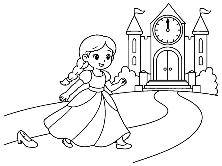 Cinderella running safely down a broad moonlit path as a large clock nears midnight and one glass slipper lies behind, printable black-and-white coloring page