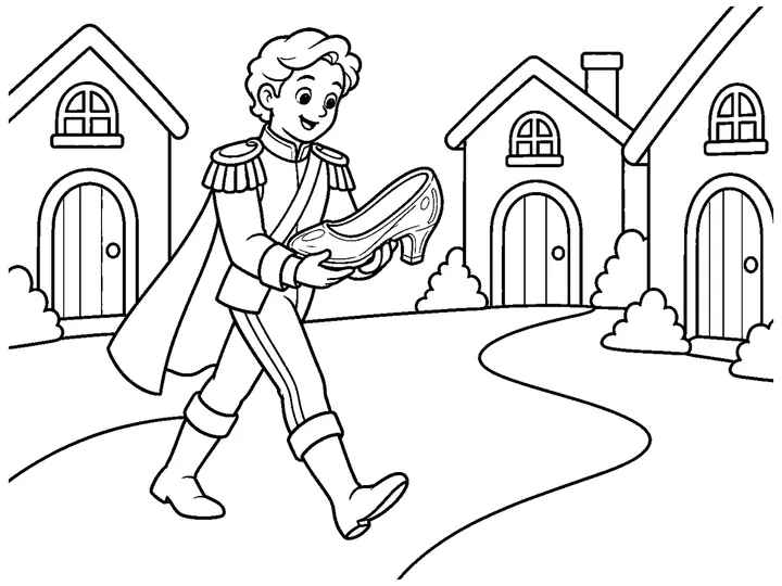 The prince carrying one large glass slipper while searching for its owner along a broad path beside simple cottage doors, printable black-and-white coloring page