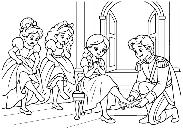 The two stepsisters look disappointed after the glass slipper does not fit, then Cinderella calmly tries it and it fits her perfectly, printable black-and-white coloring page