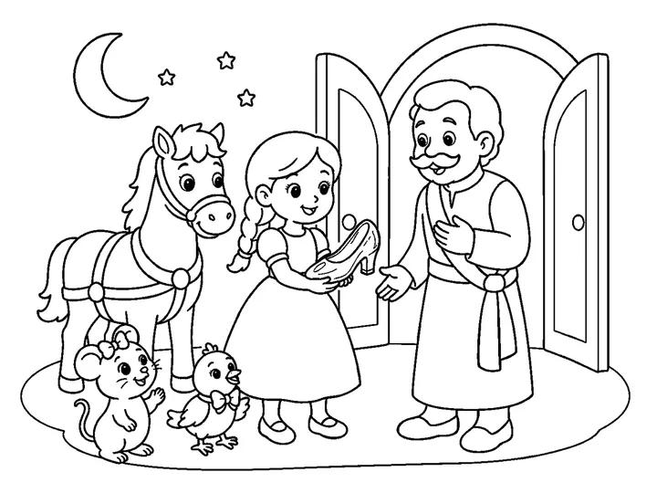 Cinderella and the prince beginning married life together beneath a simple wedding arch, with one glass slipper and a welcoming palace garden, printable black-and-white coloring page