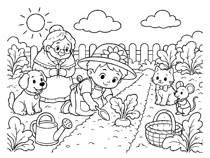 A leafy turnip sprout emerging from garden soil as Olli smiles nearby, printable black-and-white coloring page