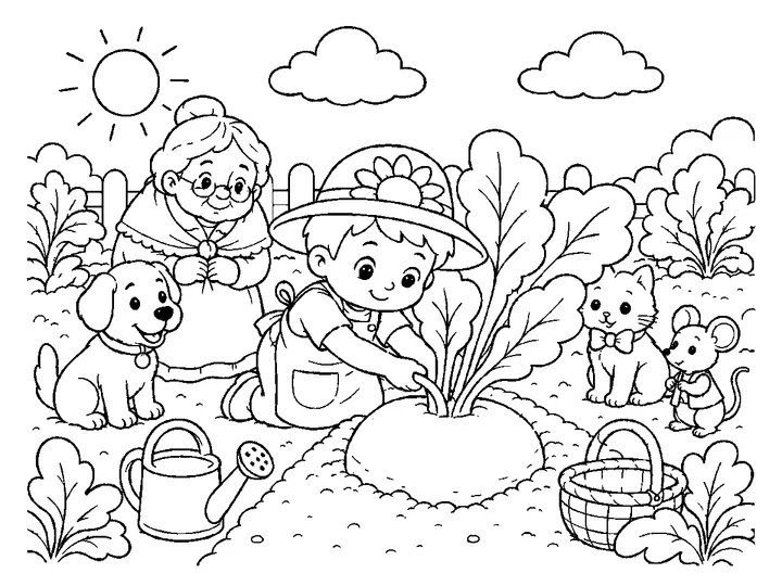 A large turnip growing under soil with broad leafy tops waving above the garden row, printable black-and-white coloring page