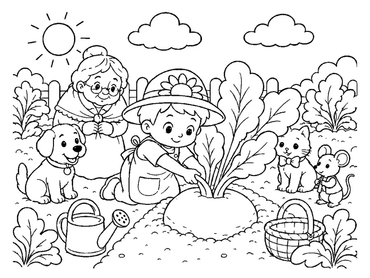 Olli gently tugging broad turnip leaves while the enormous turnip stays in the soil, printable black-and-white coloring page