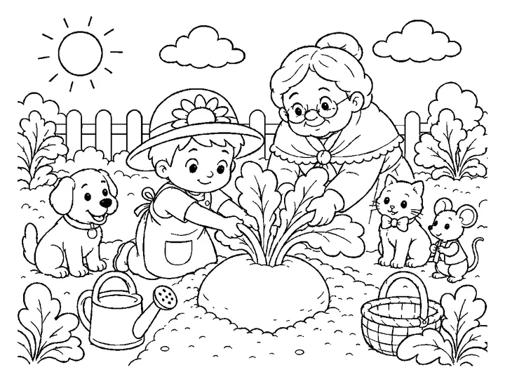 Olli and Grandmother pulling the broad turnip leaves together with a calm count, printable black-and-white coloring page