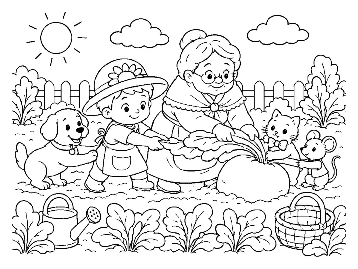 Olli, Grandmother, and a friendly dog forming a broad pulling line in the garden, printable black-and-white coloring page