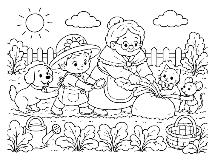 Olli, Grandmother, dog, and cat holding a safe gentle line beside the turnip row, printable black-and-white coloring page