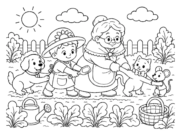 Olli, Grandmother, dog, cat, and tiny mouse forming a gentle pulling line in the garden, printable black-and-white coloring page