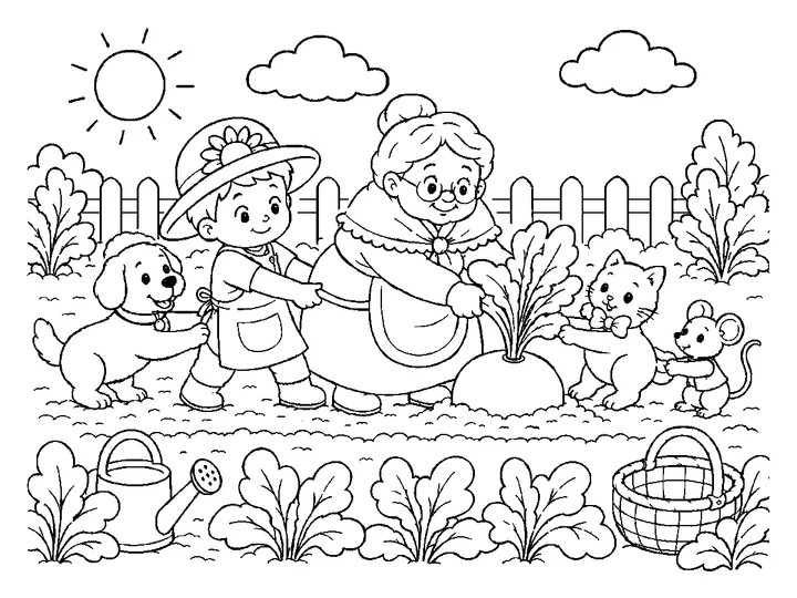Olli, Grandmother, dog, cat, and tiny mouse making one coordinated gentle pull in the garden, printable black-and-white coloring page