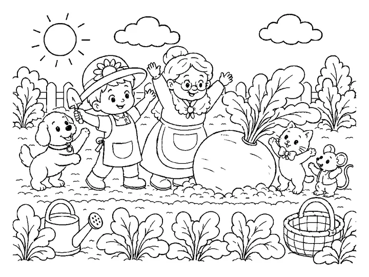 The enormous turnip popping free as Olli, Grandmother, dog, cat, and mouse celebrate safely, printable black-and-white coloring page