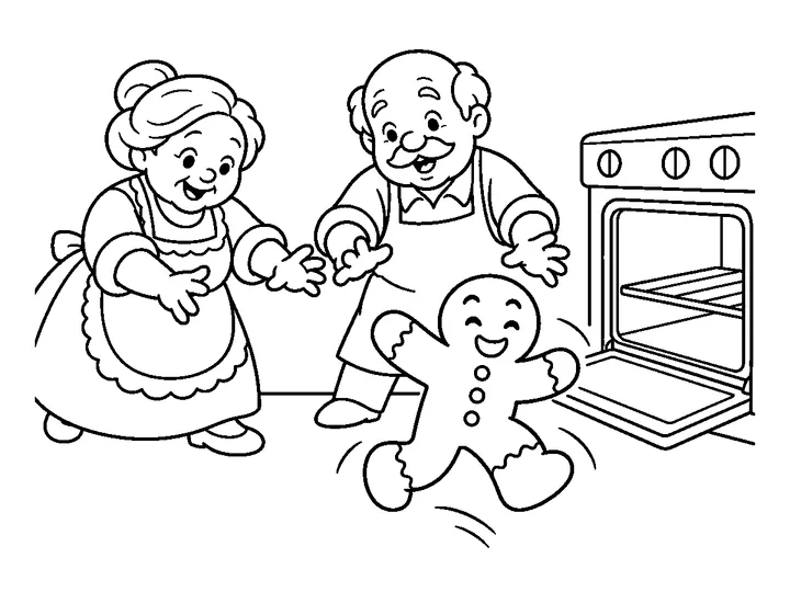 The gingerbread man jumps from the open oven while the two bakers reach after him., printable black-and-white coloring page