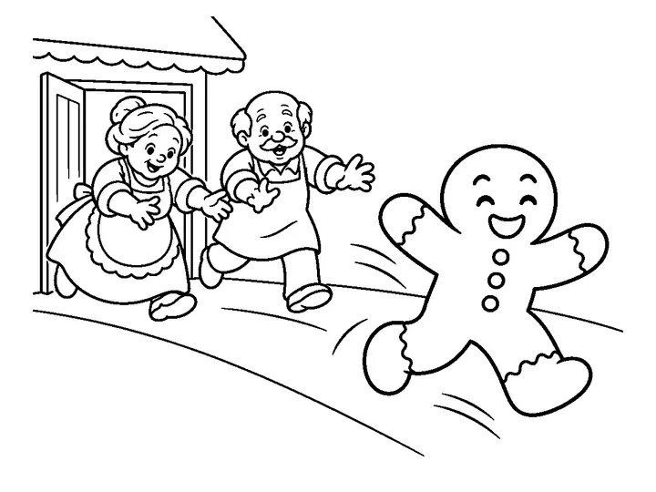 The gingerbread man runs down a farm lane while the old woman and old man chase., printable black-and-white coloring page