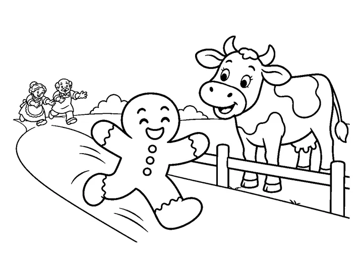 The gingerbread man runs past one friendly cow in an open pasture., printable black-and-white coloring page