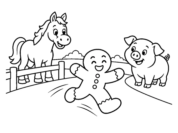 The gingerbread man runs past one horse and one pig on a simple farm lane., printable black-and-white coloring page