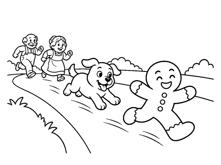 The gingerbread man runs ahead of a farm dog and the two bakers., printable black-and-white coloring page