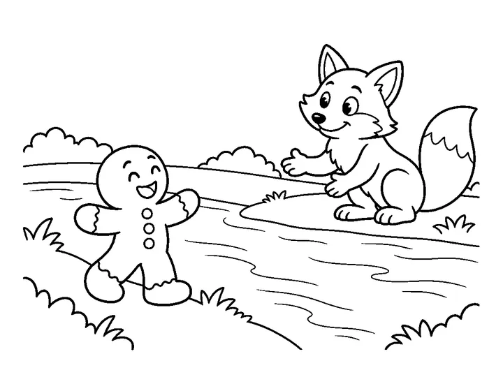 The gingerbread man meets a friendly fox beside a calm river., printable black-and-white coloring page