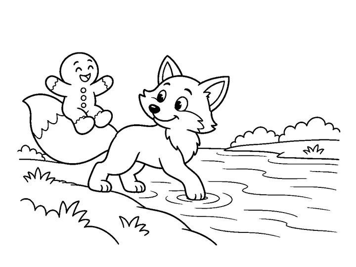 The fox carries the gingerbread man on its broad tail toward the river., printable black-and-white coloring page
