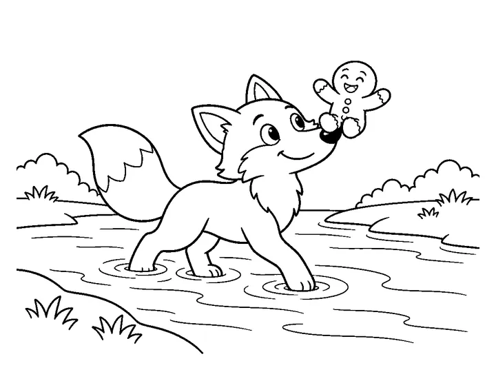 The fox walks through the river with the gingerbread man near its back and nose., printable black-and-white coloring page