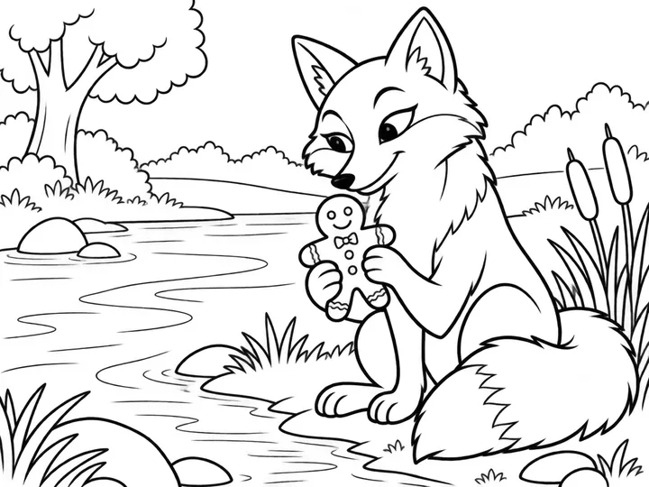 A fox sits quietly by the river holding the gingerbread man close after catching him, in a gentle non-graphic ending., printable black-and-white coloring page