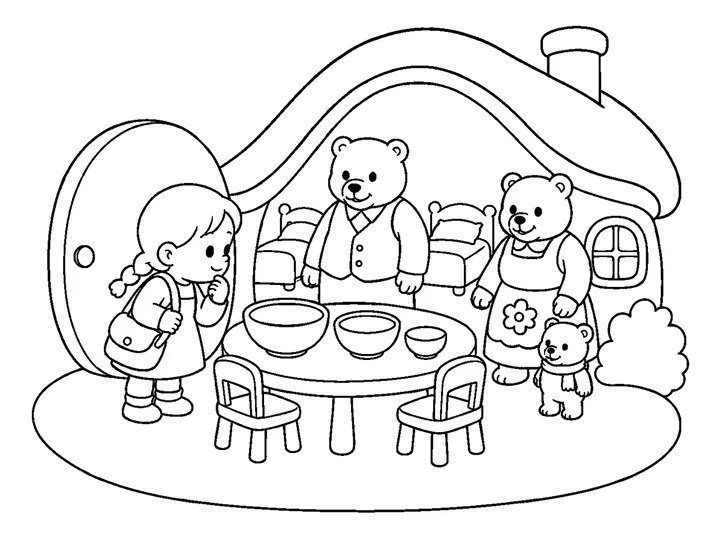 Mimi looking at three large simple porridge bowls of big, medium, and small sizes, printable black-and-white coloring page