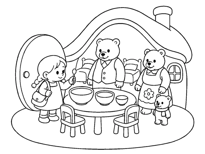Mimi holding a tiny spoon beside the three porridge bowls in the cozy cottage, printable black-and-white coloring page