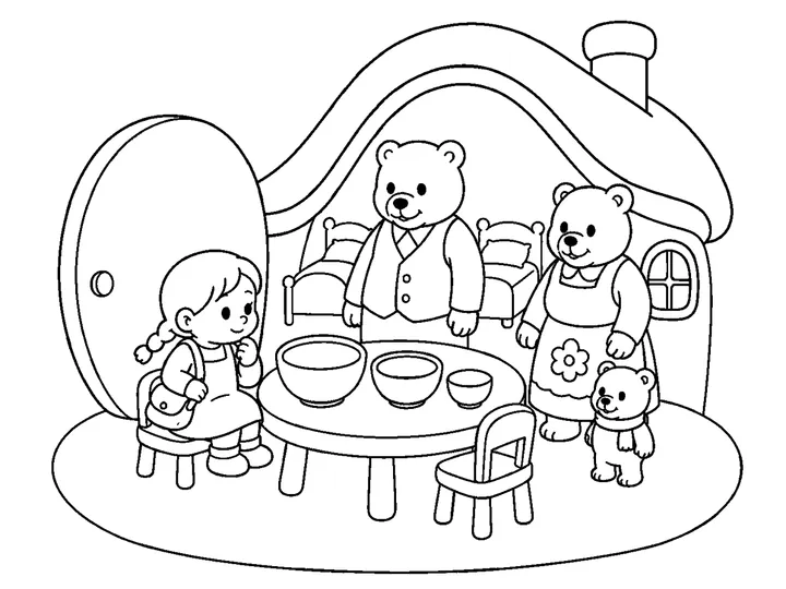 Mimi carefully sitting on the smallest of three broad rounded chairs, printable black-and-white coloring page