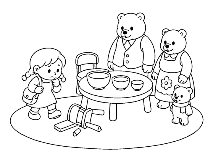 Mimi stepping back from a small broken chair with a worried but calm expression, printable black-and-white coloring page