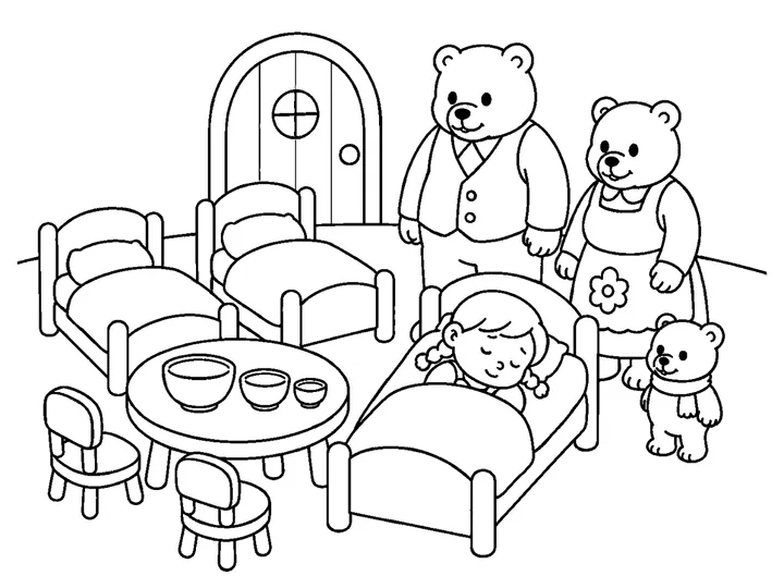 Mimi asleep on the smallest of three broad cozy beds in the cottage, printable black-and-white coloring page