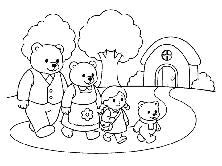 The three original bears returning along the woodland path to their cozy cottage, printable black-and-white coloring page