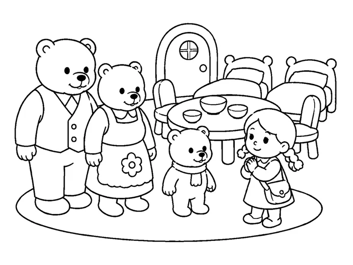 Mimi standing with the three bears and offering a sincere apology in the cottage, printable black-and-white coloring page