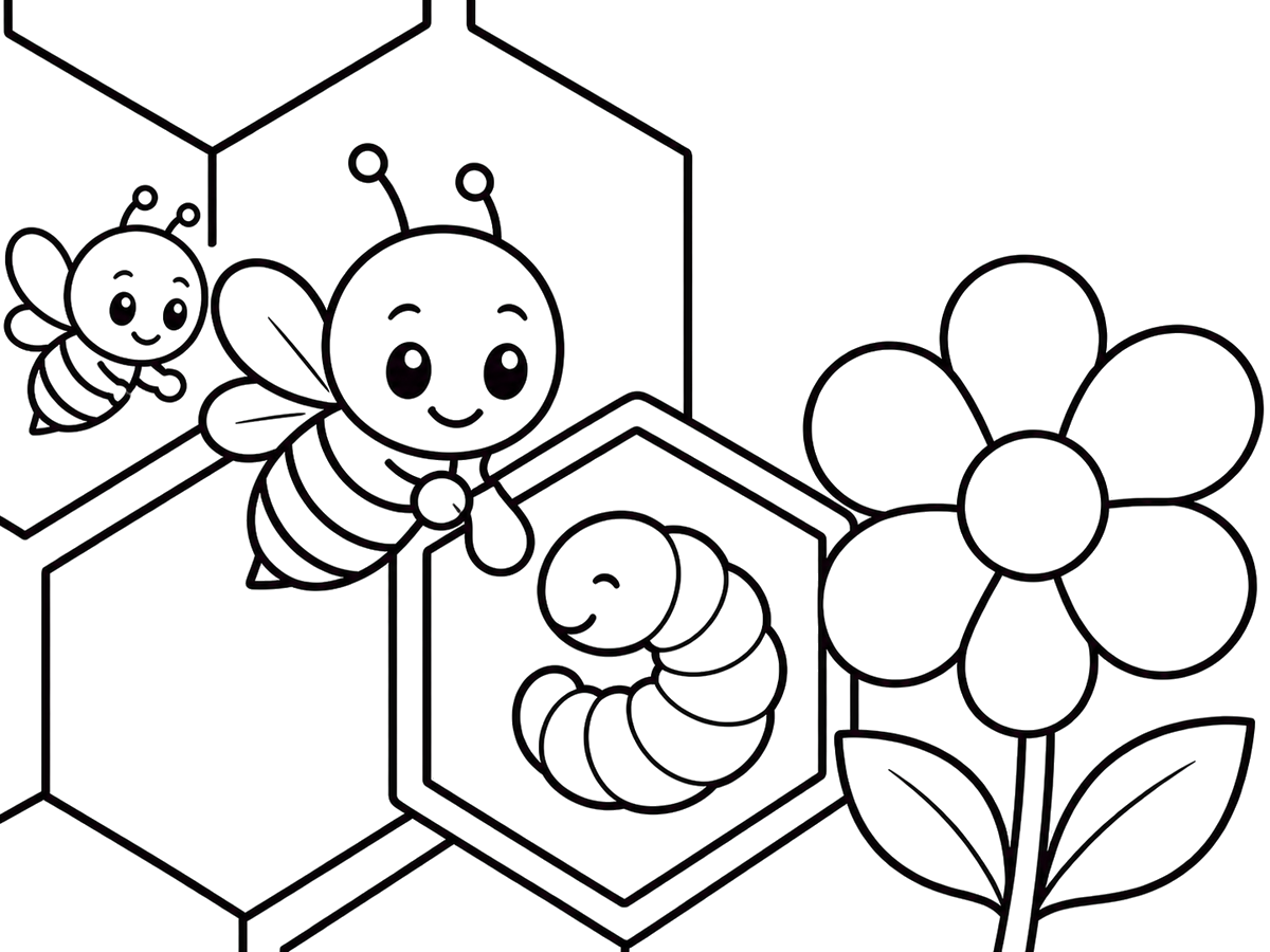 Nurse bee feeding a honeybee larva, printable coloring page