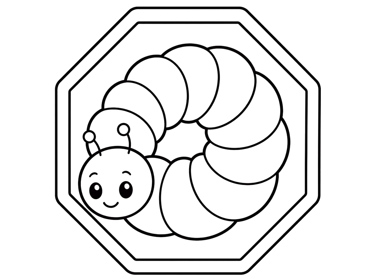 Growing honeybee larva in honeycomb, printable coloring page