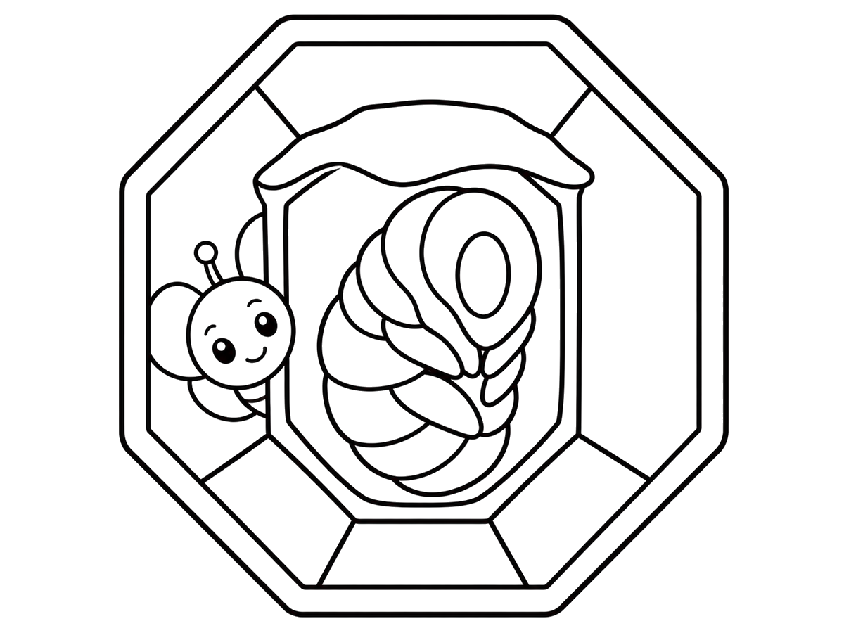 Honeybee pupa resting in capped honeycomb cell, printable coloring page