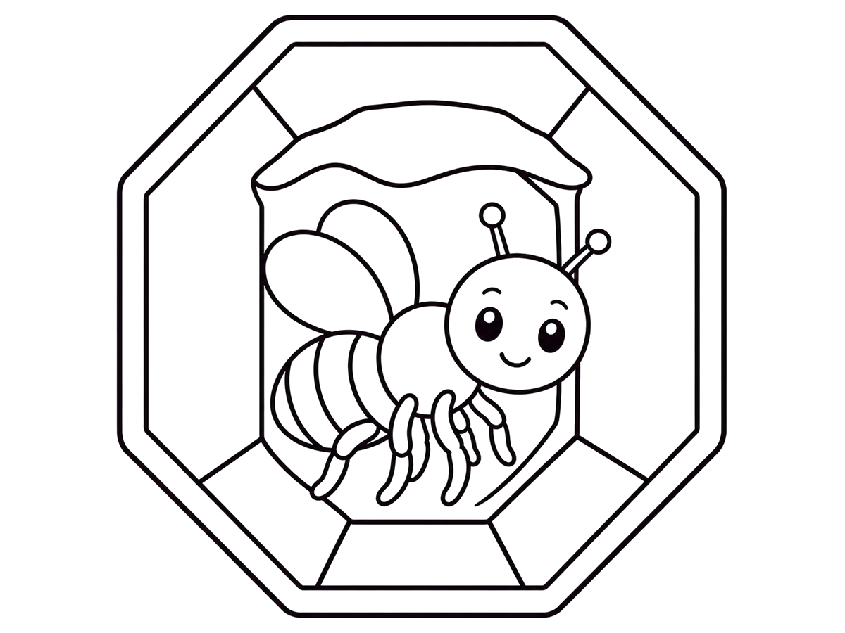 Honeybee changing inside a honeycomb cell, printable coloring page