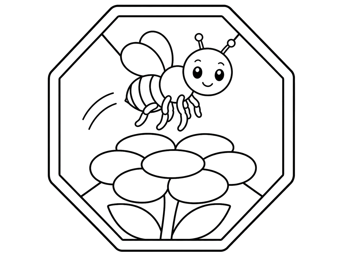 Young honeybee practicing flight over a flower, printable coloring page