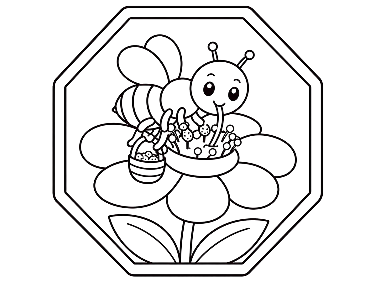 Honeybee gathering nectar and pollen from flower, printable coloring page