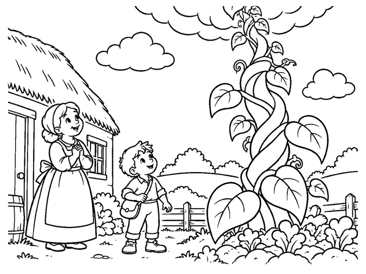 A giant leafy beanstalk rising from the garden to the clouds beside Jack's small home; Jack looks up in wonder., printable black-and-white coloring page