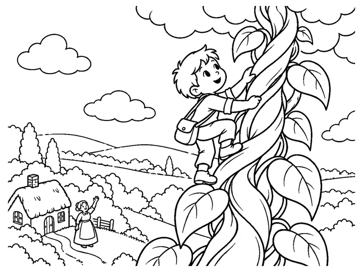 Jack climbing carefully up the broad leafy beanstalk with both hands while his small home is far below., printable black-and-white coloring page
