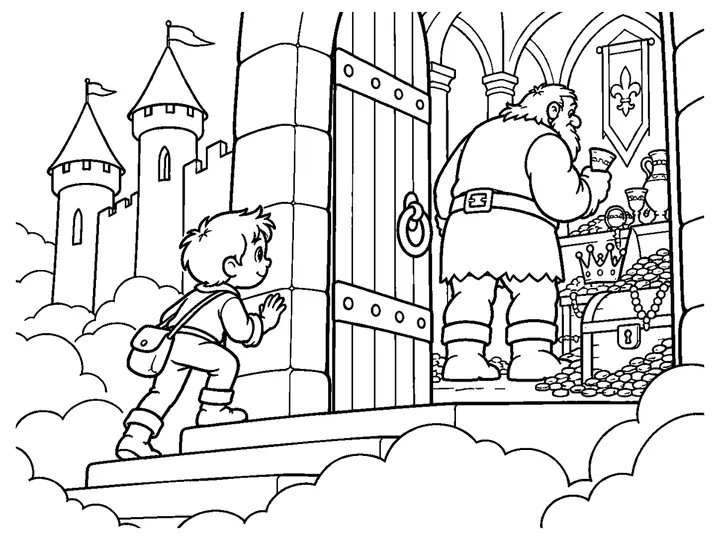 Jack arriving above the clouds at a large giant's castle with a tall door, a safe path, and a glimpse of golden treasure inside., printable black-and-white coloring page